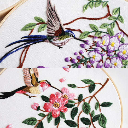 Embroidery Kit for Beginners with Hummingbird Pattern and Instructions,4 Pack Cross Stitch Kits,2 Wooden Embroidery Hoops,Threads and Needles,Need...