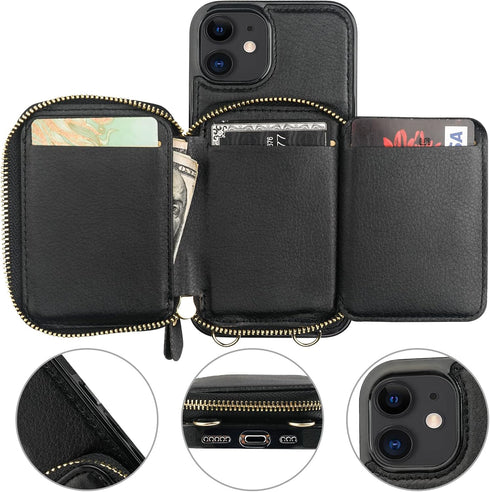Bocasal RFID Blocking Wallet Case for iPhone 12/12 Pro, Adjustable Crossbody Zipper Purse Case Card Holder with Kickstand Detachable Wrist Strap, ...