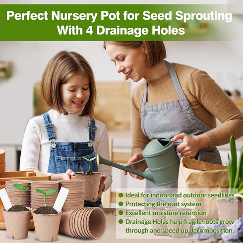 Peat Pots for Seedlings 3.15 Inch, Biodegradable Round Seed Starter Pots with 10 Plant Labels for Garden Germination, Nursery Pot with Drainage Ho...