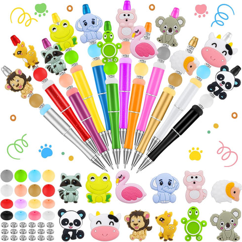 12Pcs Plastic Beadable Pens, Bead Pens with Animals Silicone Beads, Crystal Spacer Beads, Black Ink Ballpoin for DIY Gifts School Office Supplies...