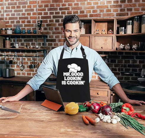 Funny Chef Aprons for Men - Mr.Good Lookin' is Cookin' - Men’s Funny Kitchen Cooking Grilling BBQ Aprons with 2 Pockets - Birthday Father’s Day Ch...