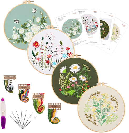 Embroidery Starters Kit with Pattern for Beginners, 4 Pack Cross Stitch Kits, 2 Wooden Embroidery Hoops,Scissors,Needles and Color Threads,Needlep...