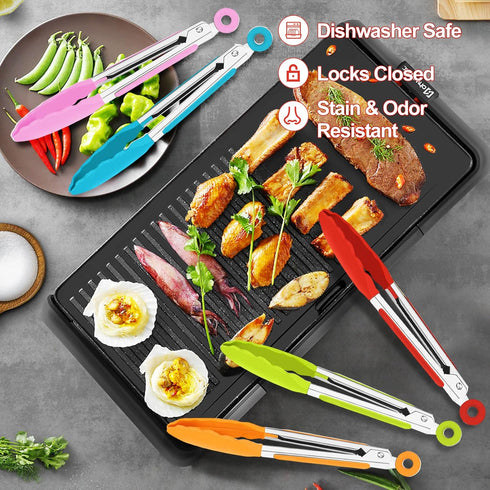 7Pack Kitchen Tongs,7 Inch Small Silicone Tongs with Stainless Steel Silicon Handles and Nylon Tips,Heat Resistant Non-Stick Cooking Tongs,Mini Lo...