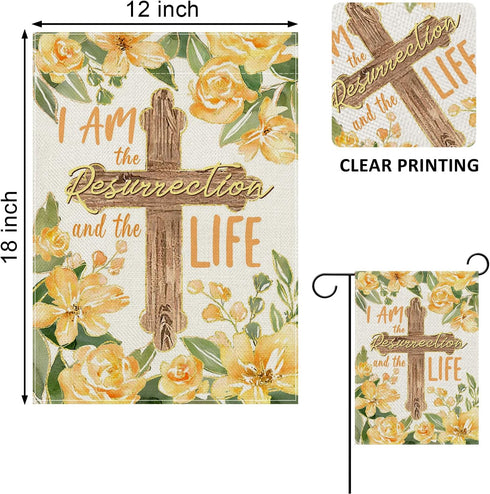 Spring Summer I Am The Resurrection and The Life Decorative Garden Flag, Easter Religious Cross Yellow Flower Yard Outside Decorations, Christian ...