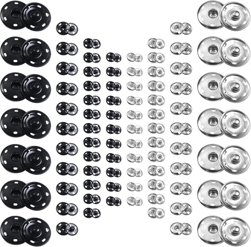 TOAOB 100 Sets Sew on Snap Buttons Brass Snaps Fasteners Press Studs Snap Kit for Sewing Clothing 8.5mm 10mm 12mm 25mm Black and Silver...