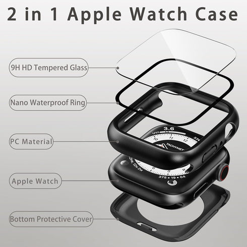 2 in 1 Waterproof Case Compatible with Apple Watch 45mm Series 9/8/7 with Tempered Glass Screen Protector, Full Coverage Bumper Cover for iWatch C...