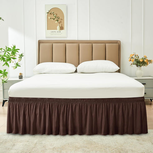 Biscaynebay Wrap Around Bed Skirts for Queen Beds 15" Drop, Brown Adjustable Elastic Dust Ruffles Easy Fit Wrinkle & Fade Resistant Silky Luxuriou...