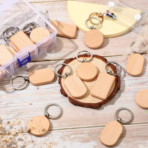 24 Pcs Wooden Keychain Blanks Wood Engraving Blanks Key Chain Unfinished Rectangle Oval Round Wood Key Tag with Plastic Storage Container for DIY ...