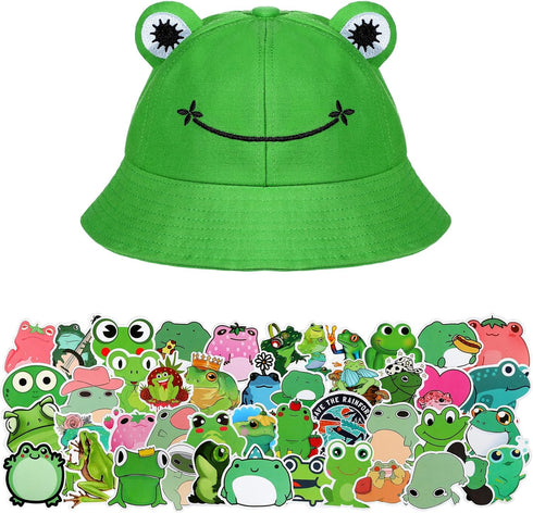 Frog Bucket Hat or Cow Flamingo Hat with 50 Pieces Stickers Summer Outdoor Foldable Wide Brim Fisherman Hat Fishing Sun Hat...
