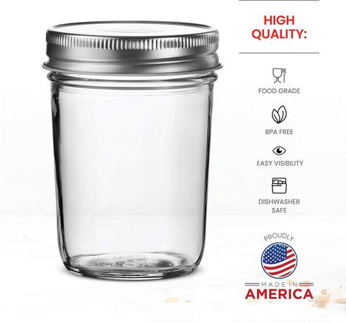 Glass Regular Mouth Mason Jars, (12 Pack) Glass Jars with Silver Metal Airtight 1 Piece Lids for Meal Prep, Food Storage, Canning, Drinking, Overn...