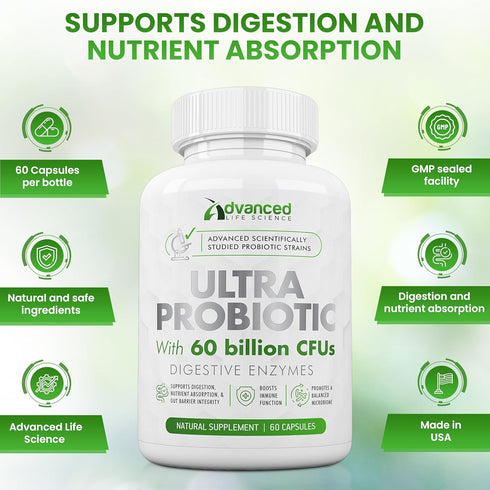 Ultra Probiotic for Women & Men - 60 Billion CFU, Clinically Supported & Identified Strains with Health Benefits, Quality Probiotics for Digestive...