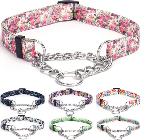 Martingale Collar, Training Dog Collar, Stainless Steel Chain Pet Collar for No Pull Dog Walking Flowers Design Large Medium Small Dogs (M, Peony)...
