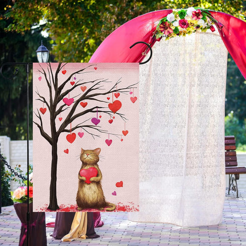 Valentine's Day Cat Garden Flag, Valentines Heart Love Tree Burlap 12 x 18 Inch Double Sided Yard Flag, Spring Seasonal Outdoor Decoration for Val...