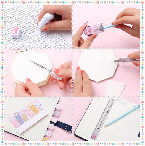8 Pcs Cute Cat Paw Stationery Set Kawaii School Supplies Including Pencil Sharpener Retractable Eraser Correction Tape Sticky Notes Ruler Mini Sci...