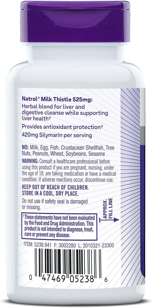 Natrol Milk Thistle 525 mg per serving, Dietary Supplement for Digestive Health, Milk Thistle Supplement, 60 Capsules, 30 Day Supply...
