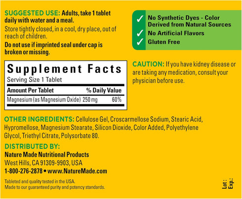 Nature Made Magnesium Oxide 250 mg, Magnesium Supplement for Muscle, Heart, Bone and Nerve Health Support, 200 Tablets, 200 Day Supply...