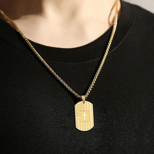 DuoDiner American Dog Tag Necklace Bible Verse Pendant, Men Stainless Steel Cross Patriotic Flag Jewelry Gift 24 Inches Chain...