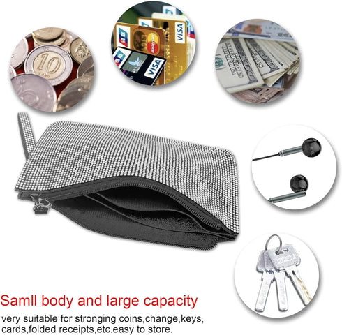 Crystal Zipper Change Purse Wallet,Bling Rhinestone Wallet,Double-sided crystal diamond Zip Coin Pouch,Travel Purse For ID Case(Silver)...