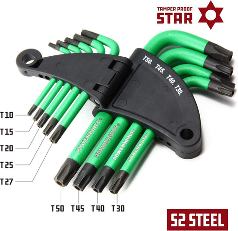 Powerbuilt L-Type Tamper Proof 9 Piece Wrench Set, Short Arm Torx Star Key, Non-Slip Handle, Hex Ball End, Holder - Green 941071...