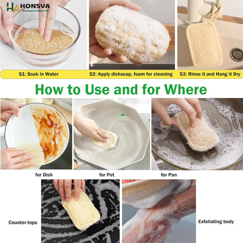 Natural Loofah Kitchen Sponge (6 Pcs) No Scratch Brush for Dishwashing, 100% Plant Fibers Vegetable Scrubber, Zero Waste and Eco Friendly Loofa, R...