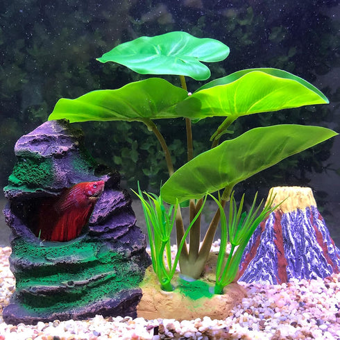 COOSPIDER Betta Fish Leaf Pad Hammock Aquarium Decoration Cichlid Fish Tank Resin Rock Mountain Cave Ornaments Fish Bowl Decorations for Sleeping ...