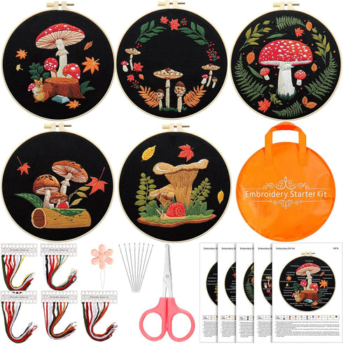 5 Sets Embroidery Kit with Mushroom Pattern and Instruction Halloween Fall Cross Stitching for Beginner Adult Kid DIY Stamped Starter Needlepoint ...