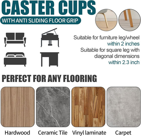 2 x 2 Rubber Caster Cups, Round Non Slip Furniture Pads, Non Skid Furniture Cups, Anti-Slip Gripper Furniture Caster Floor Grip, Anti Skid Leg Coa...