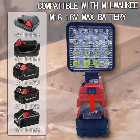 Cordless LED work light for milwaukee m18 18V battery?48W 3800ML square LED Light,flood light with two USB charging port LED light for outdoor cam...