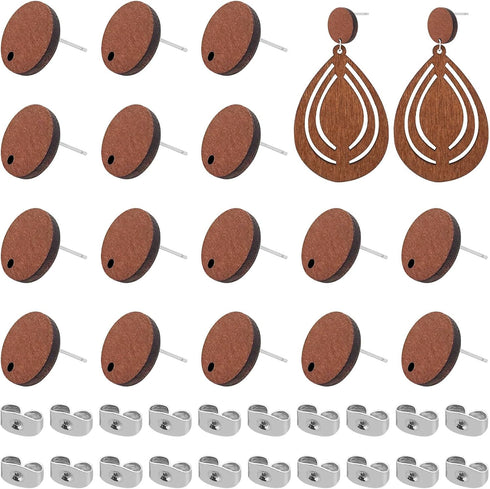 Wood Earring Studs for Jewelry Making,70Pcs Wooden Flat Round Earrings Posts Earring Findings Wood Earring Pin Stud Bulk with Butterfly Earring Ba...