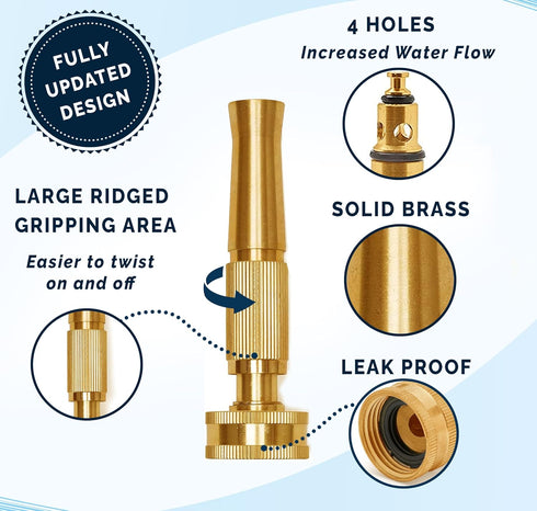 Morvat Solid Brass Metal Twist Garden Hose Nozzle, Heavy Duty Adjustable Power Spray Attachment, High Pressure Water Jet Sprayer with ¾” Standard ...