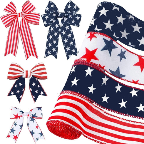 4 Rolls 4th of July Wired Ribbon 20 Yard Red White Blue Decorative Ribbon Patriotic Stars Stripes Edge Ribbons for Independence Day Bows DIY Wreat...