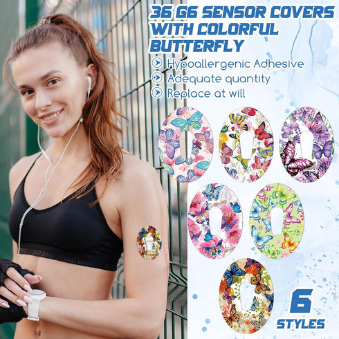 36 Pack Adhesive Patch Compatible with Dexcom G6 Breathable Colorful Butterfly CGM Patches Waterproof Butterfly Pre Cut Adhesive Tape for Continuo...