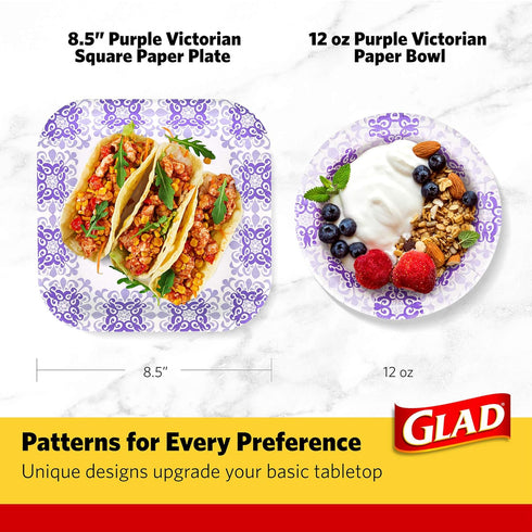 Glad Round Disposable Paper Bowls, Purple Victorian Design - Heavy Duty, Soak Proof, Cut-Resistant, Microwavable Bowl for All Foods & Daily Use, 1...