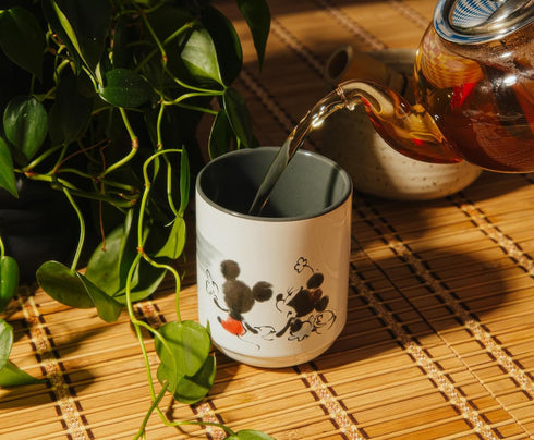 Disney Mickey and Minnie Mouse Watercolor Sunset Asian-Style Ceramic Tea Cup | Traditional Japanese-Inspired Mug Without Handle | Holds 9 Ounces...