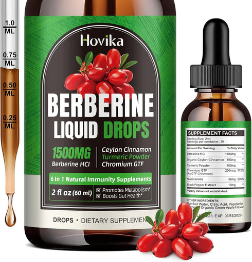 Berberine HCL Liquid Drops - 1500 mg Berberine Supplement with Ceylon Cinnamon, Chromium, Turmeric, Niacinamide - Supports Metabolism and Immune S...