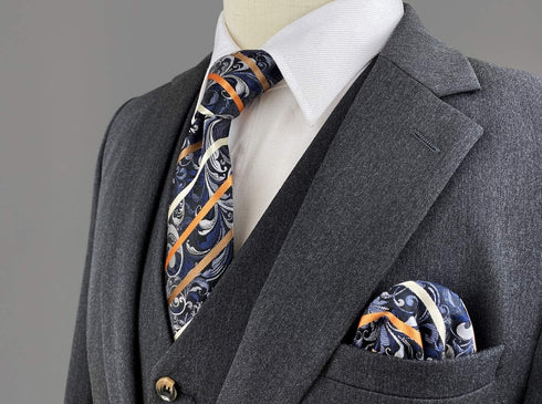 S&W SHLAX&WING Tie Sets for Men Dark Gray Neck Tie Brown Striped Extra Long Necktie with Pocket Square Set...