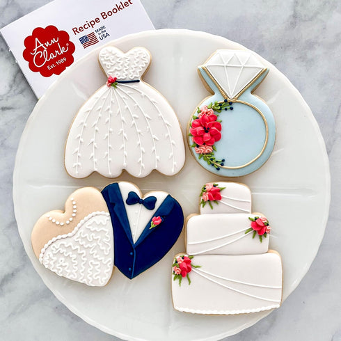 Wedding Cookie Cutters 4-Pc. Set Made in USA by Ann Clark, Wedding Dress, Wedding Cake, Diamond Ring, Heart...