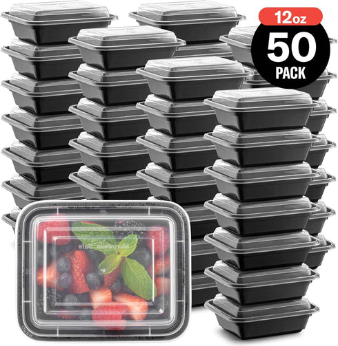 50-Pack Reusable Meal Prep Containers Microwave Safe Food Storage Containers with Lids, 12 OZ - 1 Compartment Take Out Disposable Plastic Bento Lu...