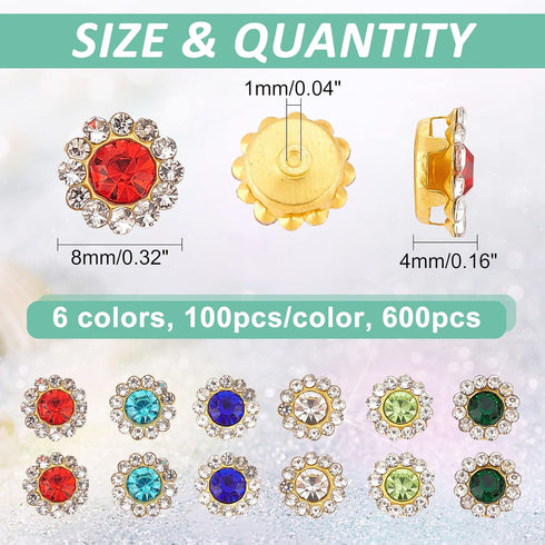 SUPERFINDINGS 600Pcs 8mm Flower Shape Rhinestone Sew on 6 Colors Bright Flat Back Beads Buttons Crystal Embellishments Buttons for Crafts Clothes ...