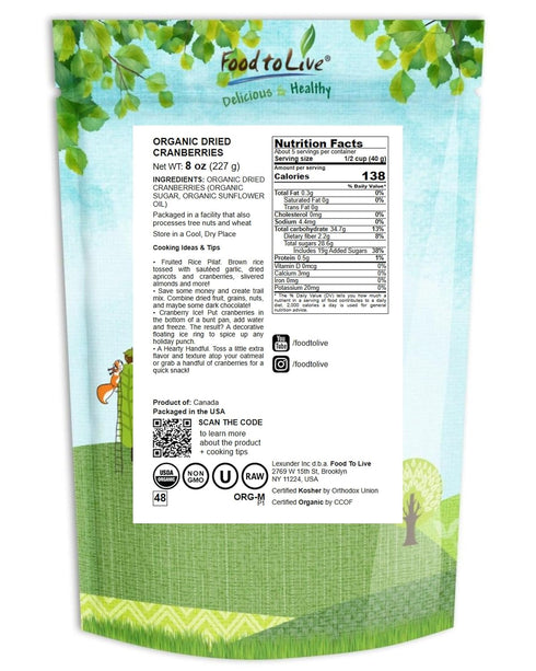 Food to Live Organic Dried Cranberries, 8 Ounces – Non-GMO, Kosher, Unsulfured, Bulk...