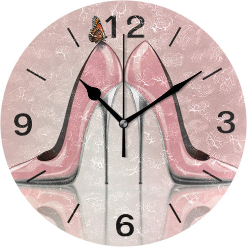 ALAZA Home Decor Butterfly High Heel Shoe Pink 9.5 inch Round Acrylic Wall Clock Non Ticking Silent Clock Art for Living Room Kitchen Bedroom(Blac...