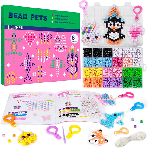 LORHAKI Bead Pets Kit, Art Craft Gift for Kids, Bead Animals Keychain Kit, Bead Art Craft Set for Beginners with Instructions, Pony Beads for Keyc...