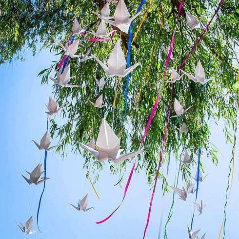 WANDIC 100 Pcs Origami Paper Cranes, Handmade Folded Origami Paper Crane String Garland for Wedding Party Backdrop Home Decoration, White...