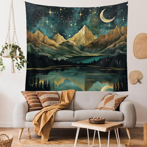 Tapzen Mountain Tapestry Nature Landscape Rocky Mountain Tapestry for Bedroom Aesthetic Forest Scenic Moon Tapestry Wall Hanging Tree Woods Wall T...