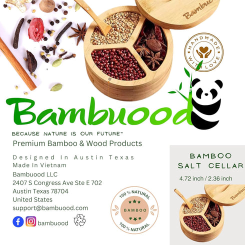 Premium Bamboo Salt Cellar with 3 Compartment Swivel Magnetic Lid - 100% Handmade, Elegant Salt & Spices Storage Box and Multi-Use Container with ...