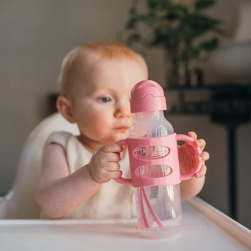 Dr. Brown's Milestones Narrow Sippy Straw Bottle, Spill-Proof with 100% Silicone Handles and Weighted Straw, 8 oz/250 mL, Gray & Pink, 6m+...