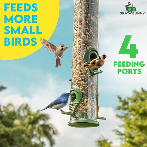 Gray Bunny Metal Bird Feeder, 4-Port Wild Bird Feeders for Outdoors Hanging, Heavy Duty Chew-Proof and Rust-Proof Tube Bird Feeder, 15 Inches...