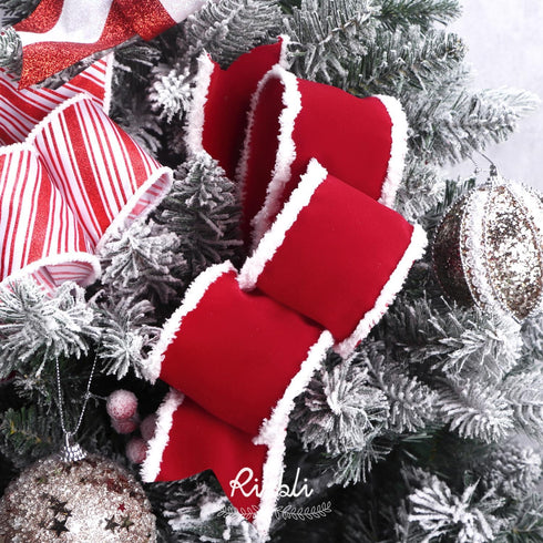 Ribbli Red Velvet Wired Ribbon with White Snow Drift Edge,2-1/2 Inch x Continuous 10 Yard Christmas Ribbon for Big Bow,Gift Wrapping,Wreath,Tree D...