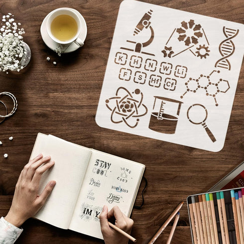 FINGERINSPIRE Scientific Experiment Stencil for Painting 11.8x11.8inch Reusable Microscope Beaker Magnifying Glass Gears Painting Stencil DNA Mole...