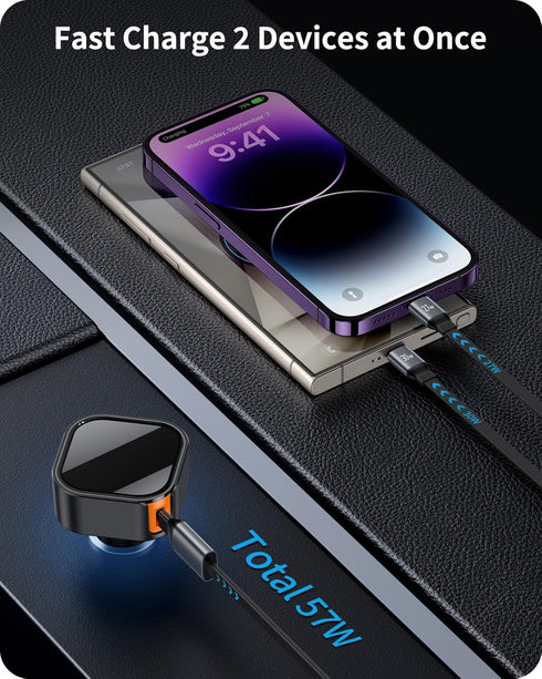 Retractable Car Charger 2-in-1 Fast Charging Type C and Lightning Cable USB C Car Charger Adapter Compatible with iPhone 15/14/13/12 Pro Max, Plus...